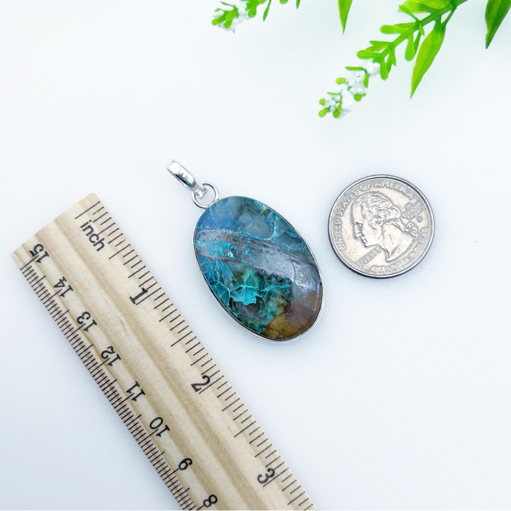 Azurite Chrysocolla Pendant Solid Sterling Silver 925 Handmade New - Picture 4 of 5